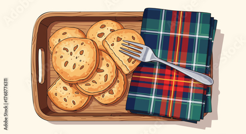 Illustration of Scottish oatcakes on a wooden tray with a tartan napkin and fork. Food concept, bakery, healthy breakfast, flat lay, overhead shot