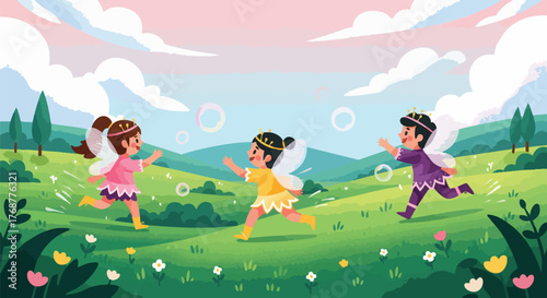 Illustration of three fairy children playing in a meadow. Cartoon fairies are running on the green grass