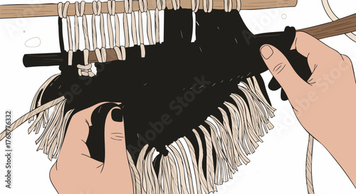 Illustration showing hands weaving a black and beige macrame wall hanging on a wooden dowel