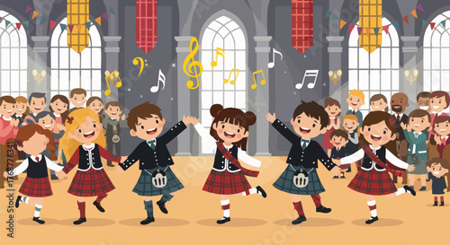 Joyful children performing traditional Scottish Highland dance in tartan outfits for an appreciative audience indoors