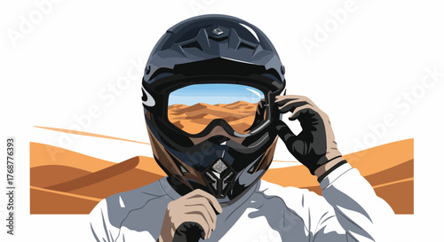 Motocross rider wearing a helmet and goggles, with a desert landscape reflected in the goggles