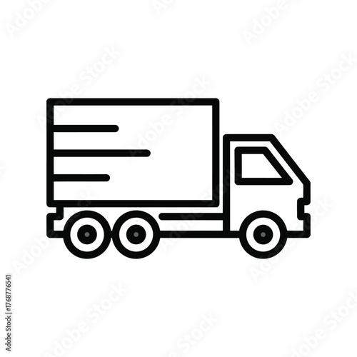Simple line art icon of a delivery truck with three axles and a box trailer