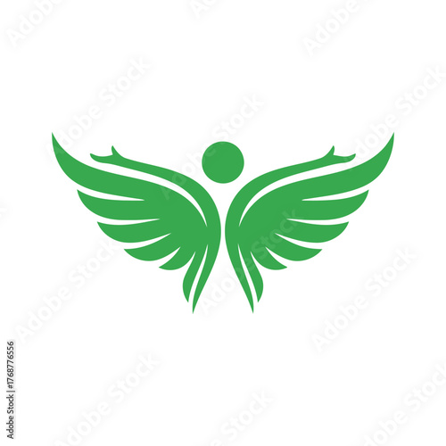 Stylized green human figure with outstretched wings symbolizing growth freedom and well being