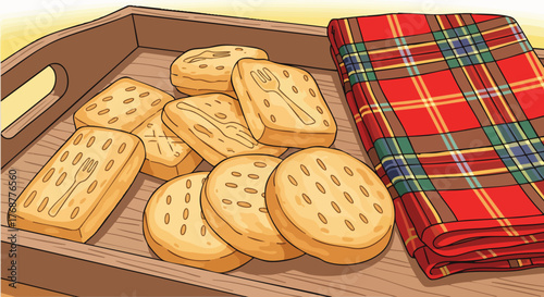 Vector illustration of shortbread cookies arranged on a wooden serving tray alongside a red tartan cloth