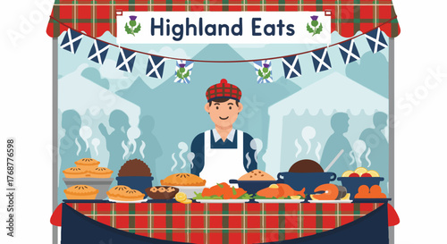 Vibrant illustration of a Scottish 'Highland Eats' food stall. A smiling vendor offers traditional pies and fish at a festive market