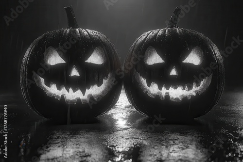  Carved pumpkins in black and white, halloween theme, jack-o-lantern