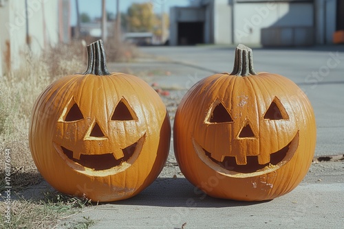   Carved pumpkins on a street, halloween theme, jack-o-lantern