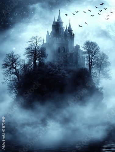 Halloween theme: Haunted Castle in Foggy Forest with Bats at Night, black and white