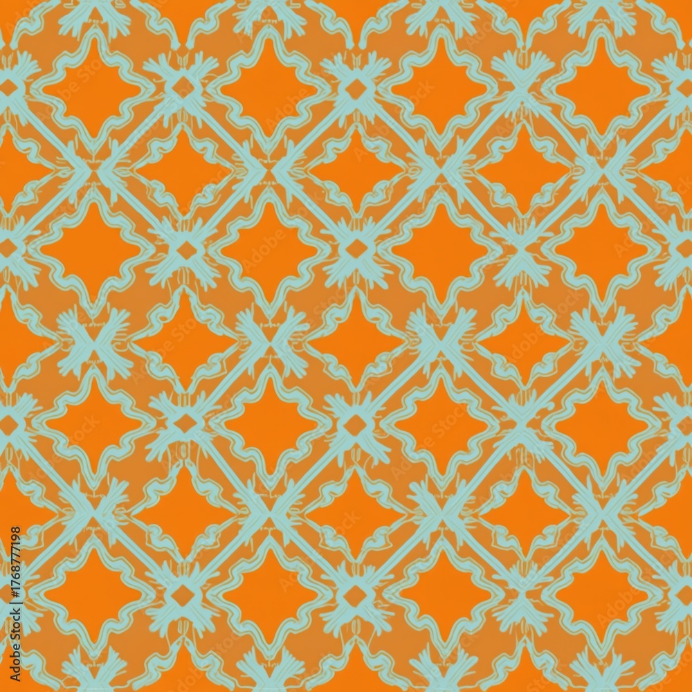 Fototapeta premium Abstract seamless pattern with geometric shapes. Orange background combined with turquoise lines and rhombus. Design suitable for fabric print wallpaper interior decor and textile.