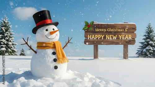 Funny snowman wearing a stylish black top hat adorned with a bright red band and a vibrant yellow scarf wrapped around its neck, standing on a vast snowy field with snowflakes gently falling 