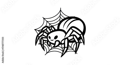 Cute Cartoon Spider in Web Illustration for Halloween.