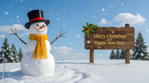 Funny snowman wearing a stylish black top hat adorned with a bright red band and a vibrant yellow scarf wrapped around its neck, standing on a vast snowy field with snowflakes gently falling 