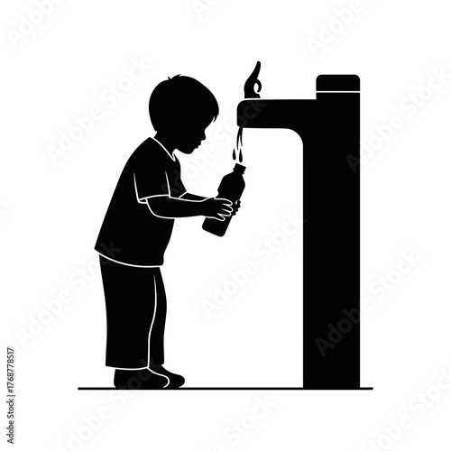 Child refilling water bottle at fountain while focused on task  