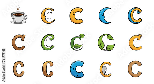 Collection of creative and stylized letter C designs, featuring a steaming coffee cup, anthropomorphic crescent moons, nature-inspired leaf motifs, and playful animal elements, perfect for branding
