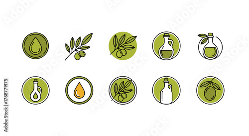 Collection of ten minimalist line art icons representing olive oil production and products, featuring olive branches with olives, oil drops, and bottles, all set against a black background for a