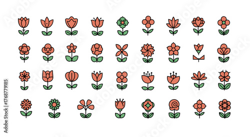 A vibrant collection of 32 stylized floral icons, featuring a variety of unique flower shapes and designs in a charming coral hue with green leaves, presented on a clean black background, perfect for