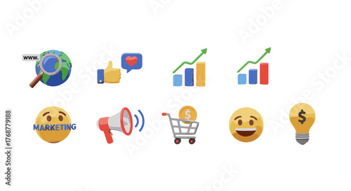 A vibrant collection of 3D marketing icons, including a magnifying glass over the Earth, a thumbs-up with a heart, bar charts showing growth, a megaphone, a shopping cart with a coin, a happy emoji