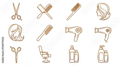 Golden Outline Icons Set for Hair Salon and Beauty Services: Scissors, Combs, Hairdryers, Styling Chair, Hair Products, and Female Silhouette, symbolizing Professional Haircare and Styling Essentials