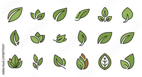 Collection of diverse green leaf icons and symbols, representing nature, growth, and eco-friendliness, presented on a black background for versatile design applications, ideal for branding and