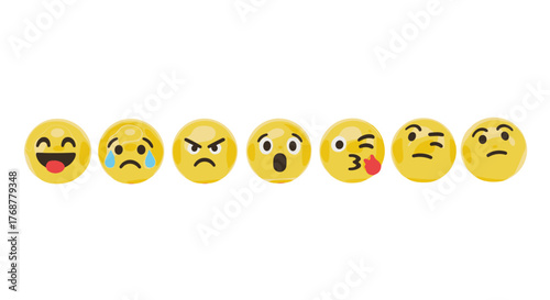 A vibrant collection of seven distinct 3D rendered emoji faces, each expressing a unique emotion, arranged in a horizontal line against a stark black background, showcasing happiness, sadness, anger
