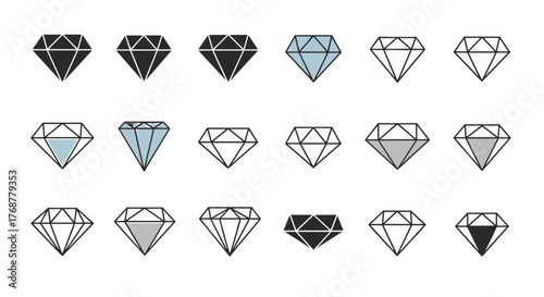 Collection of stylized diamond icons in various colors and fill levels, presented on a black background, showcasing different facets and geometric interpretations of the precious gemstone, perfect