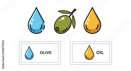 A simple, clean, and modern vector illustration depicting the essence of olive oil production, featuring a vibrant green olive, a drop of clear liquid representing water or initial extraction, and a