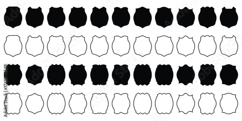 Shield icons set. Shield shape icons. Symbol shape. Different shields collection. Police badge. Security symbol. Protect shield flat outline style, stock vector