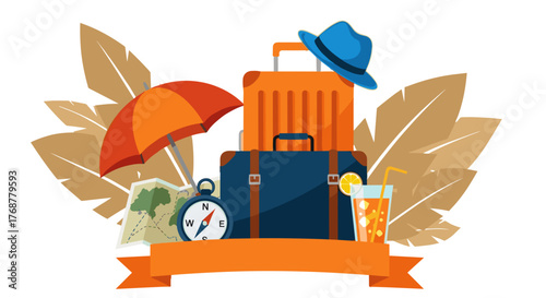 Adventure awaits with packed luggage, map, and refreshing drink, ready for vacation.