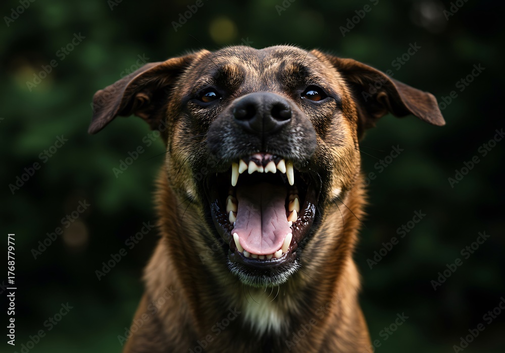 Obraz premium Close-up Portrait of Aggressive Brindle Dog Baring Fangs. Generative Ai