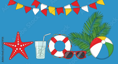 Vibrant summer vacation icons like starfish, drink, and beach ball create festive holiday vibes