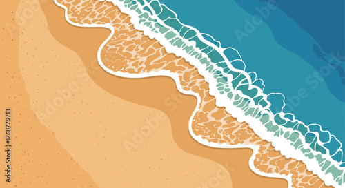 Dynamic ocean waves crash onto a sandy beach creating a vibrant, serene coastal scene