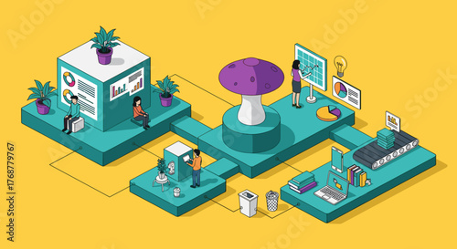 Modern business teams collaborate digitally in a vibrant, innovative workspace environment