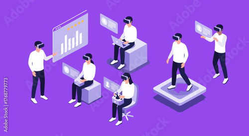 Futuristic team collaborates using virtual reality headsets for immersive digital innovation