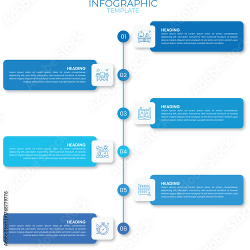 6 step vertical timeline infographic template for business history, progress report, or linear process flow with blue elements, numbers, and modern icons.
