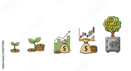 Visual representation of financial growth and investment success, showcasing a progression from a small seedling to a money tree bearing fruit, alongside increasing stacks of coins, money bags, and
