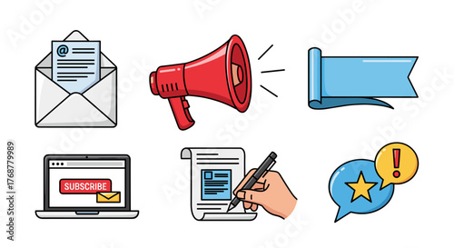 Collection of six flat design icons representing communication and business concepts: an open envelope with a document, a red megaphone, a blue ribbon banner, a laptop with a subscribe button, a hand