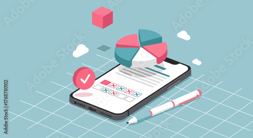 Mobile survey and data analysis with smartphone, pie chart and pen in 3D vector style
