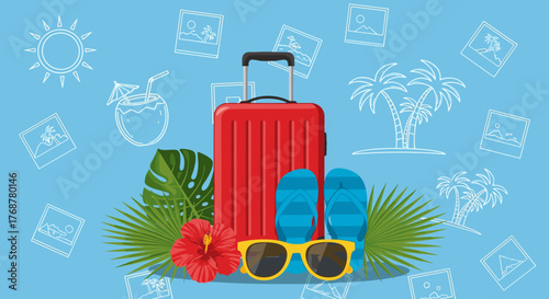 Summer vacation concept with red suitcase, flip flops, sunglasses and tropical plants
