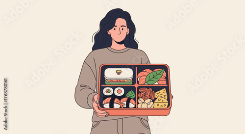 Woman holding bento box with various Japanese food items in flat vector illustration
