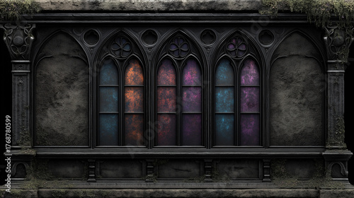 Gothic stained glass windows glowing with vibrant colors in a weathered dark stone wall, aged and moss-covered architectural detail.