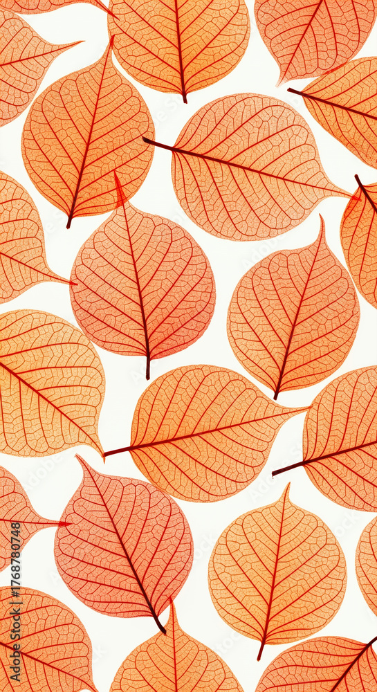 Obraz premium Translucent red leaves arranged on a white backdrop creating a pattern. A close-up, detailed shot shows intricate veins and cell structures. Autumn colors, botanical design, nature pattern.