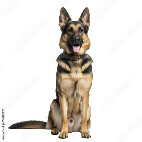 Majestic German Shepherd dog sitting on a white background, looking directly at the camera with an alert and expressive face, wearing a brown leather collar.
