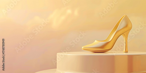 Elegant golden stiletto heel displayed on a pedestal against a soft, dreamy background.