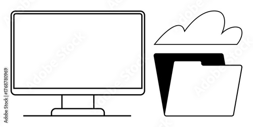 Desktop screen next to cloud and document folder signifying file saving, data sharing, and storage. Ideal for technology, cloud computing, data management, office work, file organization, IT