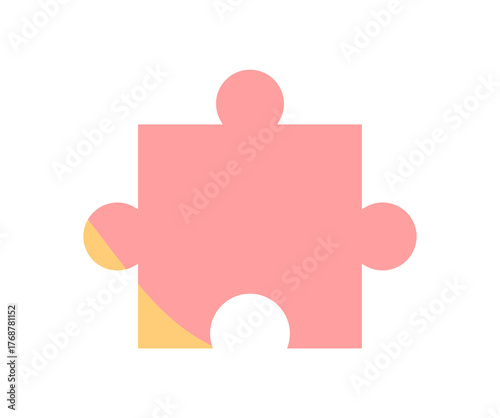 Flat jigsaw puzzle piece in bright playful silhouette. Fun toy element for board or table game activities. Vibrant design for children, hobby, or entertaining boardgame strategy play.