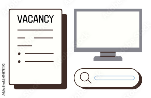 Job vacancy form beside a computer monitor and search bar conveying a digital job search. Ideal for employment, recruitment, HR, career growth, job hunting, workforce planning, simple flat metaphor