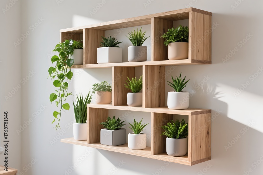 Fototapeta premium Stylish wooden shelves adorned with various indoor plants, perfect for enhancing home decor and ambiance