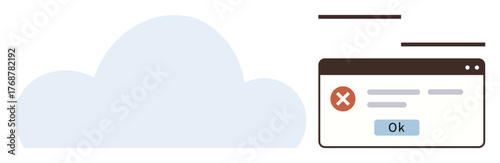 Large blue cloud next to a browser window showing an error message with a red cross and an Ok button. Ideal for cloud computing, IT issues, troubleshooting, error handling, communication, data