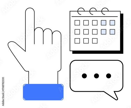 Hand pointing up, calendar with marked dates, speech bubble. Ideal for scheduling, organization, planning, reminders, communication teamwork productivity. Simple flat metaphor