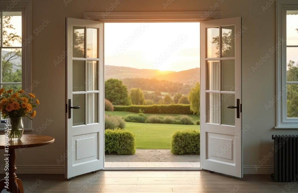 Fototapeta premium French doors open to garden view at sunset. Sunny view through open doors to backyard. Evening landscape with greenery and lawn. Sunset colors warm the interior design.